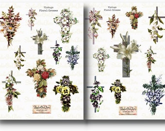 Fussy Cut Pages: Floral Cross Clip Art. Two Full-page Printables.  Instant Download, Junk Journals, Scrapbooking, Decoupage, Antique Art