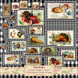 May include: A collection of vintage Thanksgiving cards and tags with a gingham check background. The cards feature illustrations of turkeys, corn, and children, with text that reads "Thanksgiving Greetings" and "Happy Thanksgiving."
