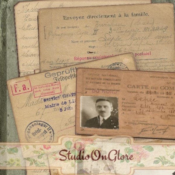 WWI Franse POW afdrukbare brieven naar huis, ansichtkaarten voor krijgsgevangenen, foto's. Digitale Ephemera, instant downloadafbeeldingen voor tijdschriften, plakboeken