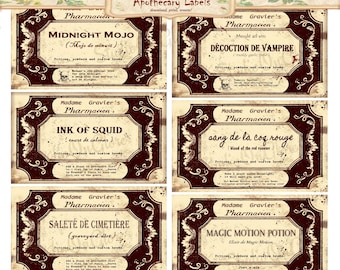 Könnte beinhalten: Eine Sammlung von sechs Halloween-Apothekenetiketten im Vintage-Stil in Dunkelrot und Creme. Jedes Etikett hat verzierte Ränder und Texte wie "Midnight Mojo" und "Ink of Squid".