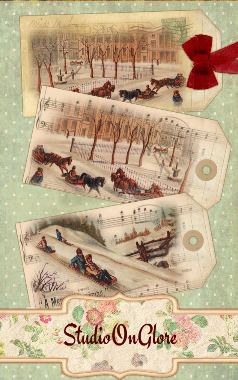 Pu&ograve; includere: Tre cartoline vintage con tema invernale. La cartolina in alto mostra una strada cittadina innevata con persone che viaggiano in carrozze trainate da cavalli. La cartolina centrale mostra una scena simile con persone che vanno in slitta. La cartolina in basso mostra persone che vanno in slitta gi&ugrave; per una collina con una recinzione sullo sfondo. Tutte e tre le cartoline hanno note musicali stampate su di esse.