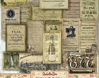 Grunge Business Card Kit. 18 Vintage Victorian Era Trade Cards on 3 Sheets. Printable Neutral Ephemera. Junk Journal, Cardmaking, Decoupage.