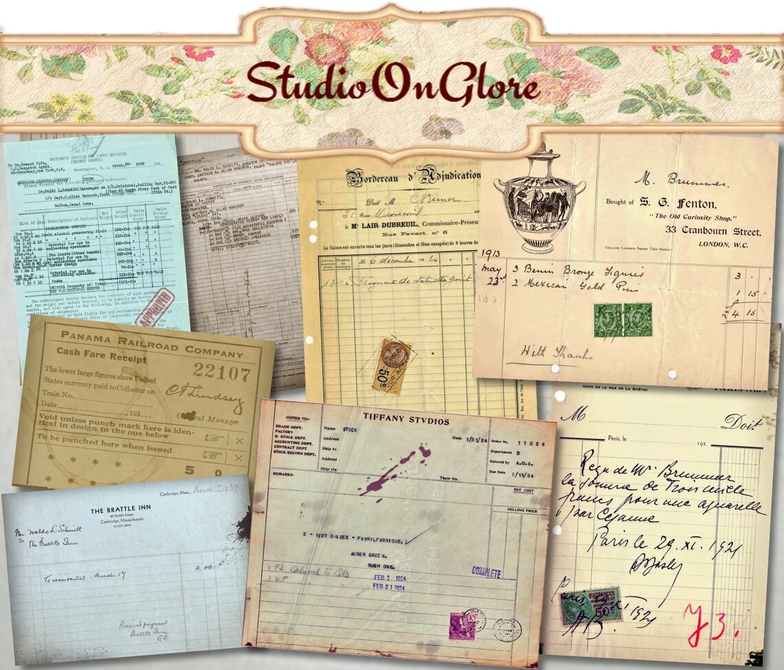 8 vintage receipts printable collage sheets handwritten etsy