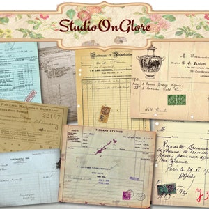 8 ricevute d'epoca - fogli di collage stampabili, fatture scritte a mano effimere per diari spazzatura, scrapbooking, decoupage, carte antiche