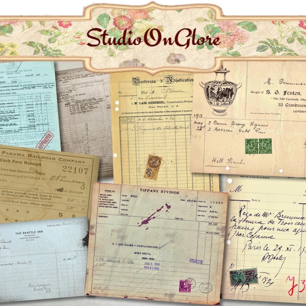 8 Vintage receipts - printable collage sheets, Handwritten Invoice Ephemera for Junk Journals, Scrapbooking, Decoupage, Antique papers