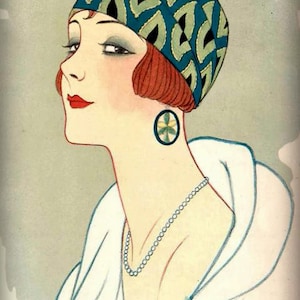 May include: An illustration of a person with reddish-brown hair wearing a teal and black patterned cloche hat, a single oval earring with a yellow floral design, and a white beaded necklace. The artwork is signed by the artist and dated 1924.