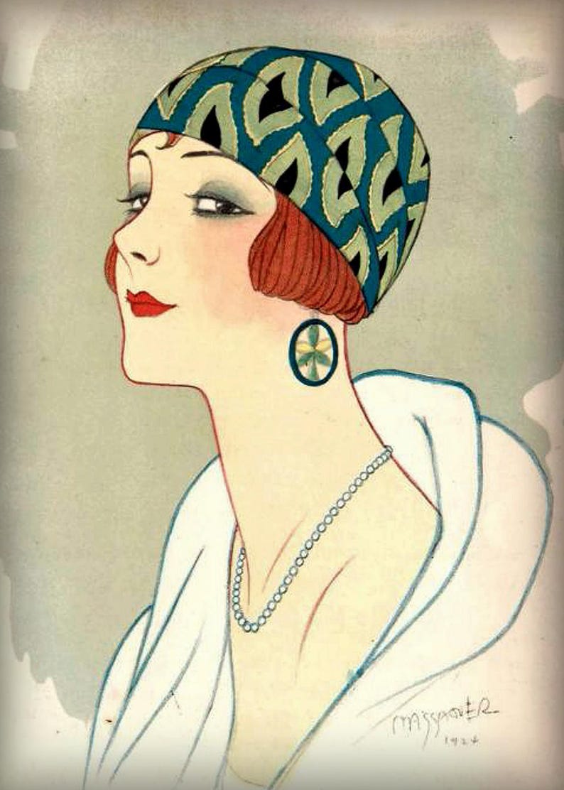 May include: An illustration of a person with reddish-brown hair wearing a teal and black patterned cloche hat, a single oval earring with a yellow floral design, and a white beaded necklace. The artwork is signed by the artist and dated 1924.