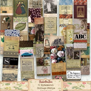 Druckbares Collage Ephemera Strip Kit. Junk Journal Verzierung, Scrapbook Papier Versorgung, Retro dekoratives Papierversteck, Vintage Decoupage