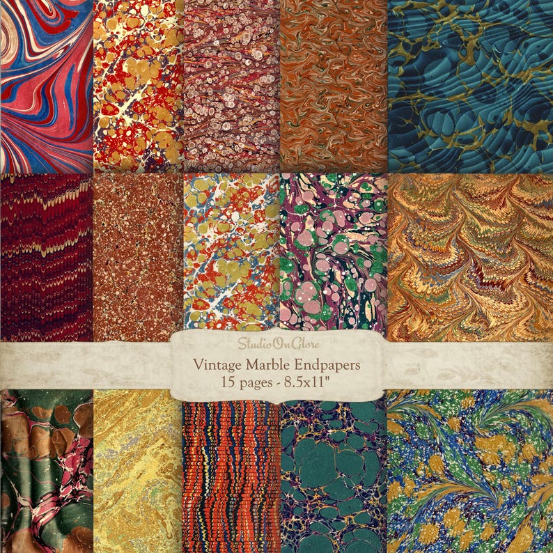 May include: A selection of 15 vintage marble endpapers, each 21.59 x 27.94 cm, showcasing diverse colourful patterns. The designs incorporate swirls of red, blue, gold, and green, producing a textured and artistic look. The text "Vintage Marble Endpapers" is visible.