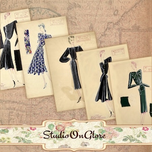 11 Esboços de Design de Moda Vintage Jeanne Lanvin. Kit de Ephemeras Imprimíveis dos anos 1930. Etiquetas de Presente Retro, Diários de Lixo, Álbuns de Recortes, Decoupage