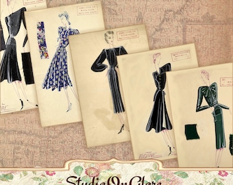 May include: Five vintage fashion illustrations of women wearing dresses. The illustrations are in black and white and are on a cream-colored background. The illustrations are from the 1940s.