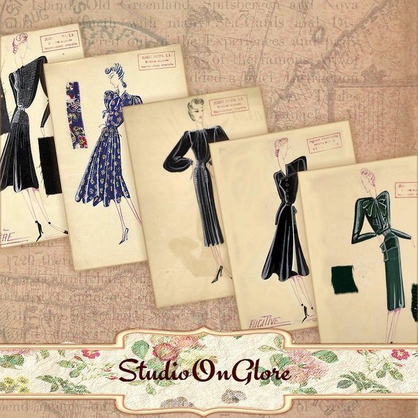 11 Vintage Jeanne Lanvin Fashion Design Sketches. 1930s Printable Ephemera Kit. Retro Gift Tags, Junk Journals, Scrapbooks, Decoupage 17047