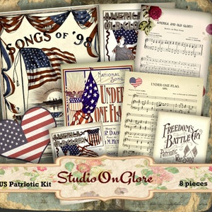 US Patriotic Song Cover und Notenblatt Kit. 8 Stück druckbare Ephemera für Junk Journals, Scrapbooking, DIY Karten, Decoupage, 4.Juli