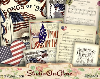May include: A digital download of eight vintage patriotic images, including sheet music, flags, and hearts. The images feature red, white, and blue colors and patriotic themes. The text on the images includes "Songs of '98", "America Old Glory", "Under One Flag", and "Freedom's Battle Cry".