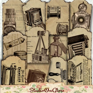 Etiquetas colgantes efímeras de fotógrafo vintage. 12 imprimibles únicos con temática de cámara para decoupage, etiquetas de regalo, álbumes de recortes, diarios basura, etiquetas