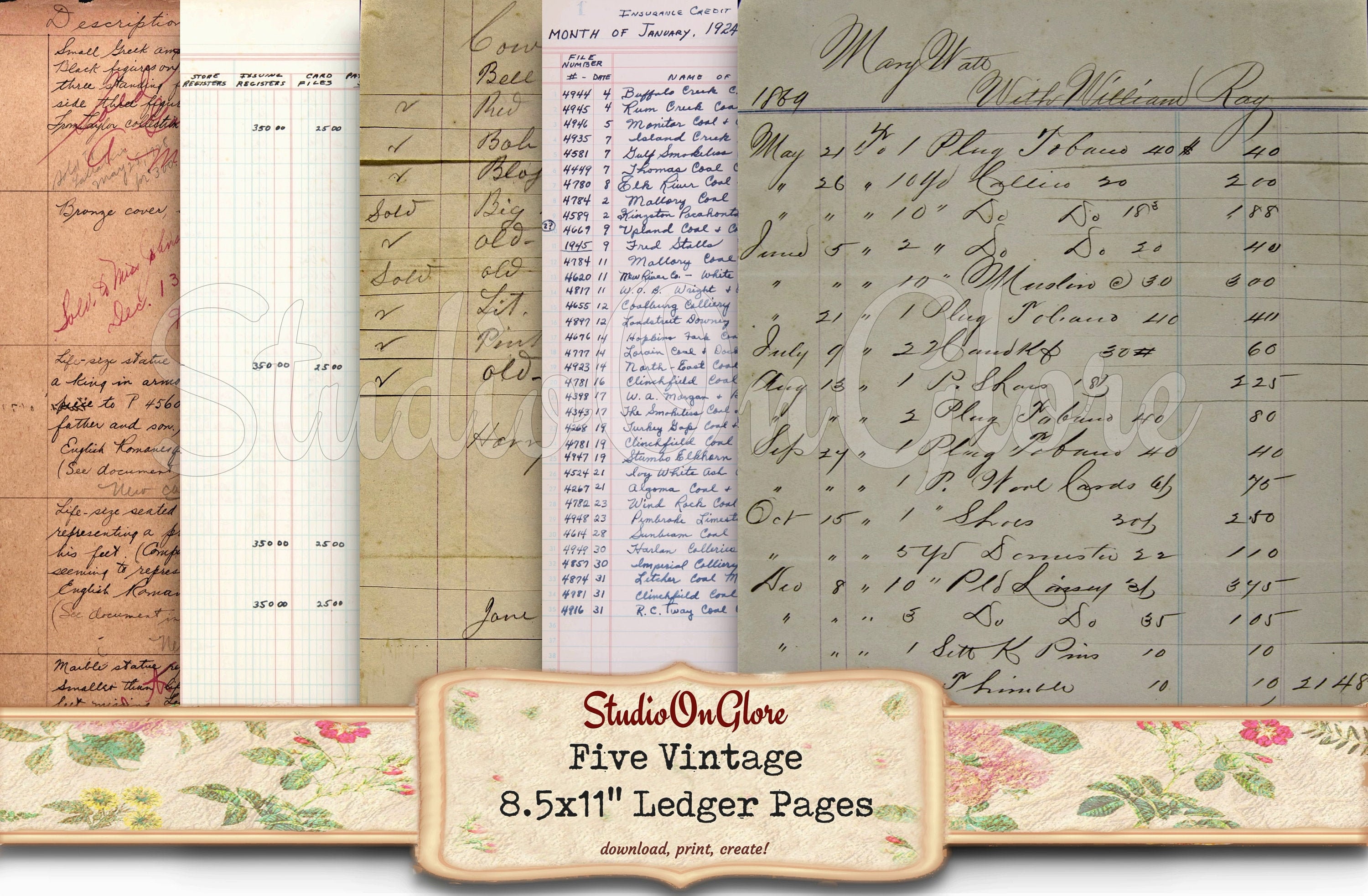 Vintage Antique Ledger pages. Five 8.5x11" Printable Ephemera for Junk Journals, Scrapbooking, Decoupage. Old Papers to Instantly Download