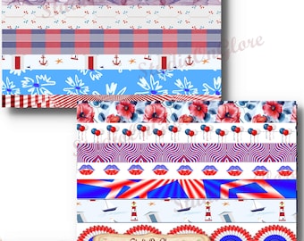 Patriotic Paper Strips: Red White Blue Washi Tape Borders (JPG, PDF Digital Download)