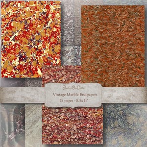 May include: A selection of vintage marble endpapers with diverse patterns and colors. The papers display swirls and spots in red, gold, brown, and blue. The image text reads "Studio On Glore Vintage Marble Endpapers 15 pages - 21.6 x 27.9 cm".