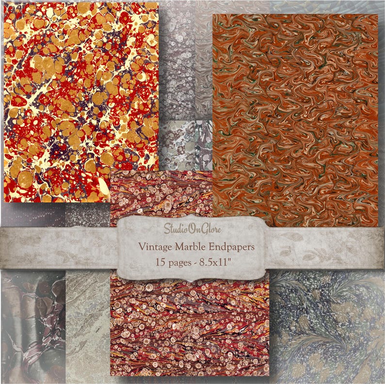 May include: A selection of vintage marble endpapers with diverse patterns and colors. The papers display swirls and spots in red, gold, brown, and blue. The image text reads "Studio On Glore Vintage Marble Endpapers 15 pages - 21.6 x 27.9 cm".