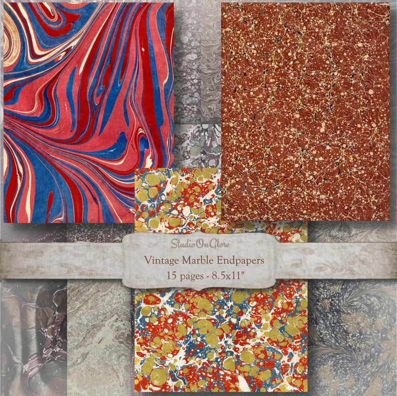 May include: A selection of vintage marble endpapers with diverse patterns. The designs feature swirls of red, blue, and white, alongside speckled and mottled textures in red, yellow, and blue. The image text states "Vintage Marble Endpapers 15 pages - 21.6 x 27.9 cm".