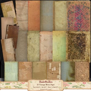 May include: A collection of 20 vintage worn pages in various sizes and colors, including ten 8.5x11 inch, six 5x7 inch, and four 3.25x8.25 inch pages. The pages have a distressed, aged appearance with visible textures and stains. The image includes text that reads "Studio On Glore" and "20 Vintage Worn Pages".