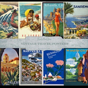 May include: A collection of vintage travel posters. The posters feature destinations like Atlantic City, Sanremo, and Bermuda. Each poster has a unique design, with vibrant colors and illustrations. The text "Vintage Travel Posters" is displayed.