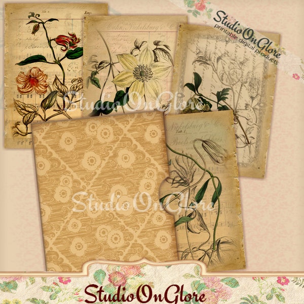 4 Vintage Botanical 2.5x3.5" shabby cards and envelope on Printable Collage Sheet for Junk Journals, Scrapbooks, Hang Tags, ACEO  #18028 -a2