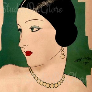 May include: A vintage-style illustration of a person with dark hair styled in a low bun, wearing a pearl necklace and a three-ring drop earring. The figure has red lips and green eyeshadow, set against a green background with the text Massaguer 1925.