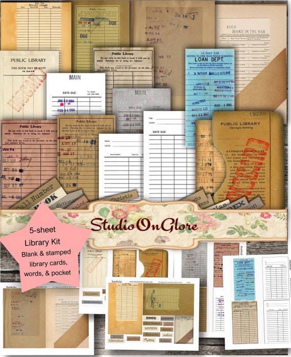 Antique Library Card Kit. Vintage Used & Blank Library Cards, Words, Pocket. Printable Ephemera for Junk Journals, Scrapbooking, Decoupage.