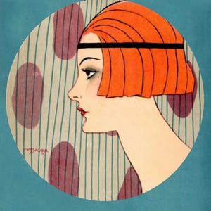May include: A circular illustration featuring the profile of a person with bright orange hair in a bob cut, wearing a thin black headband. The background consists of vertical thin black lines and scattered purple oval shapes. The name Massaguer is visible.