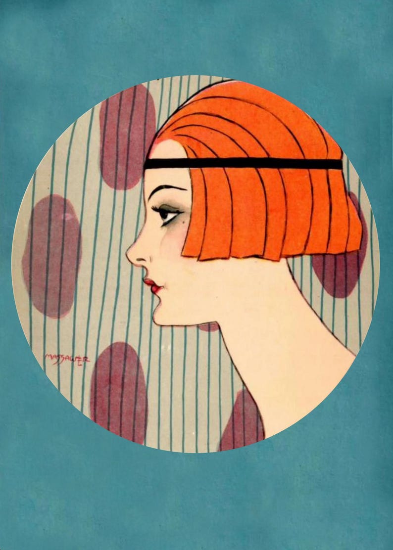 May include: A circular illustration featuring the profile of a person with bright orange hair in a bob cut, wearing a thin black headband. The background consists of vertical thin black lines and scattered purple oval shapes. The name Massaguer is visible.