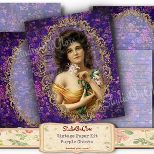 Viktorianische Lady in Violet Chintz, 8.5x11 Seiten & pngs für Junk Journal, Scrapbook, Decoupage, Kartenherstellung, Schreibwaren #17030-11p