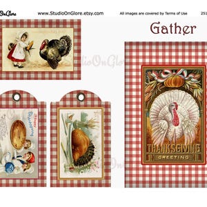 May include: Thanksgiving-themed tags and card with vintage illustrations. The designs feature a turkey, a child with corn, and other harvest elements. The tags have a red and white checkered background and include the text "Thanksgiving Greeting".