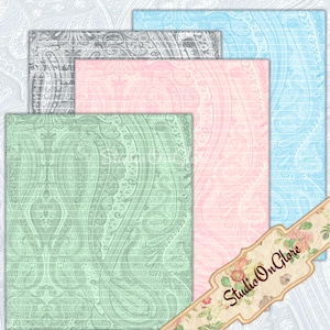4 páginas forradas de paisley vintage, 8,5x11 pashmina imprimíveis para convites de chá de bebê, diários indesejados, criação de cartões, álbuns de recortes, artigos de papelaria