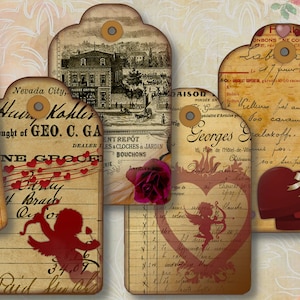 6 Vintage Valentine Ephemeral Hang Tags, Digital Collage Sheet for Decoupage, Gift Tags, Scrapbooks, Junk Journals, Ephemera #19002