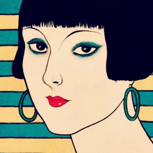 May include: A portrait illustration of a person with a black bob haircut, wearing large green hoop earrings. The face features dark eyeliner, red lips, and pale skin. The background consists of horizontal yellow and teal stripes with the name Massague.