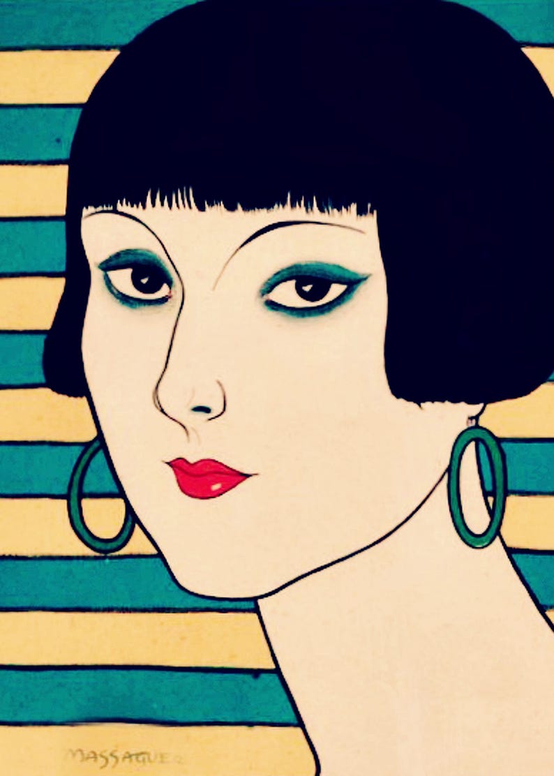 May include: A portrait illustration of a person with a black bob haircut, wearing large green hoop earrings. The face features dark eyeliner, red lips, and pale skin. The background consists of horizontal yellow and teal stripes with the name Massague.