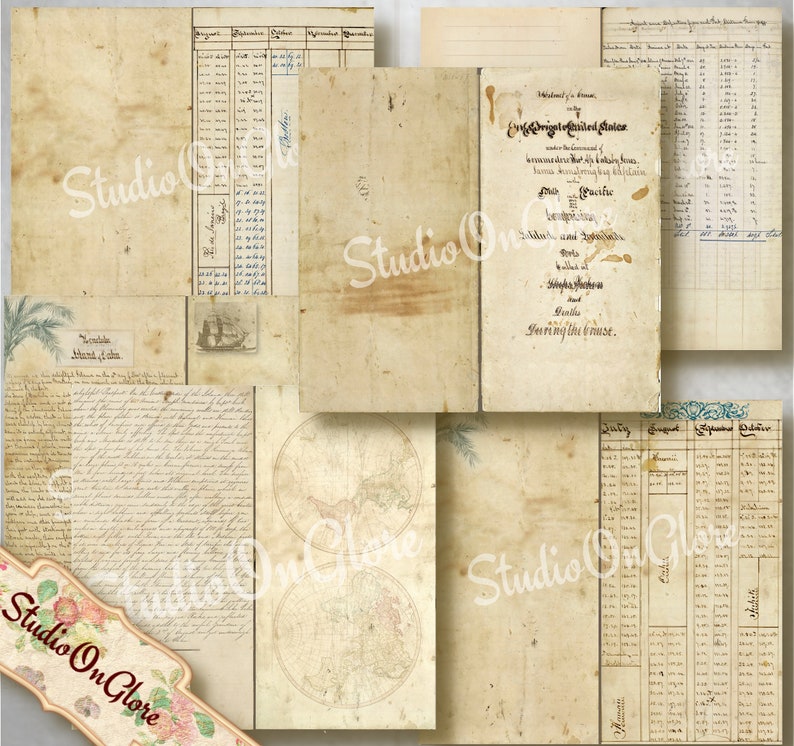 Travelers Notebook Captain's Diary Ephemera Kit. 10 Digital Fauxdori Pages, 3 Liners. Printable Antique Paper TN, Junk Journal, Scrapbooking image 1