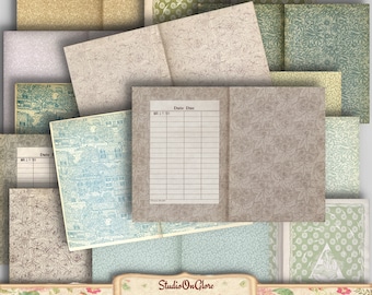 Paper Pack: Vintage Bookbinding Endpapers. 5x7" side by side end pages w/ center fold crease. Junk Journal, Background
