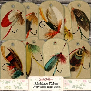 Vintage Fly-Fishing Hang Tags. 9 over-sized gift tags. Instant download, junk journal ephemera, scrapbook, decoupage, label, gift for men