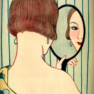 May include: An illustration of a person with short brown hair seen from behind, wearing a yellow garment with blue polka dots and small hoop earrings. The person holds a round hand mirror reflecting their face with red lips against a striped background.