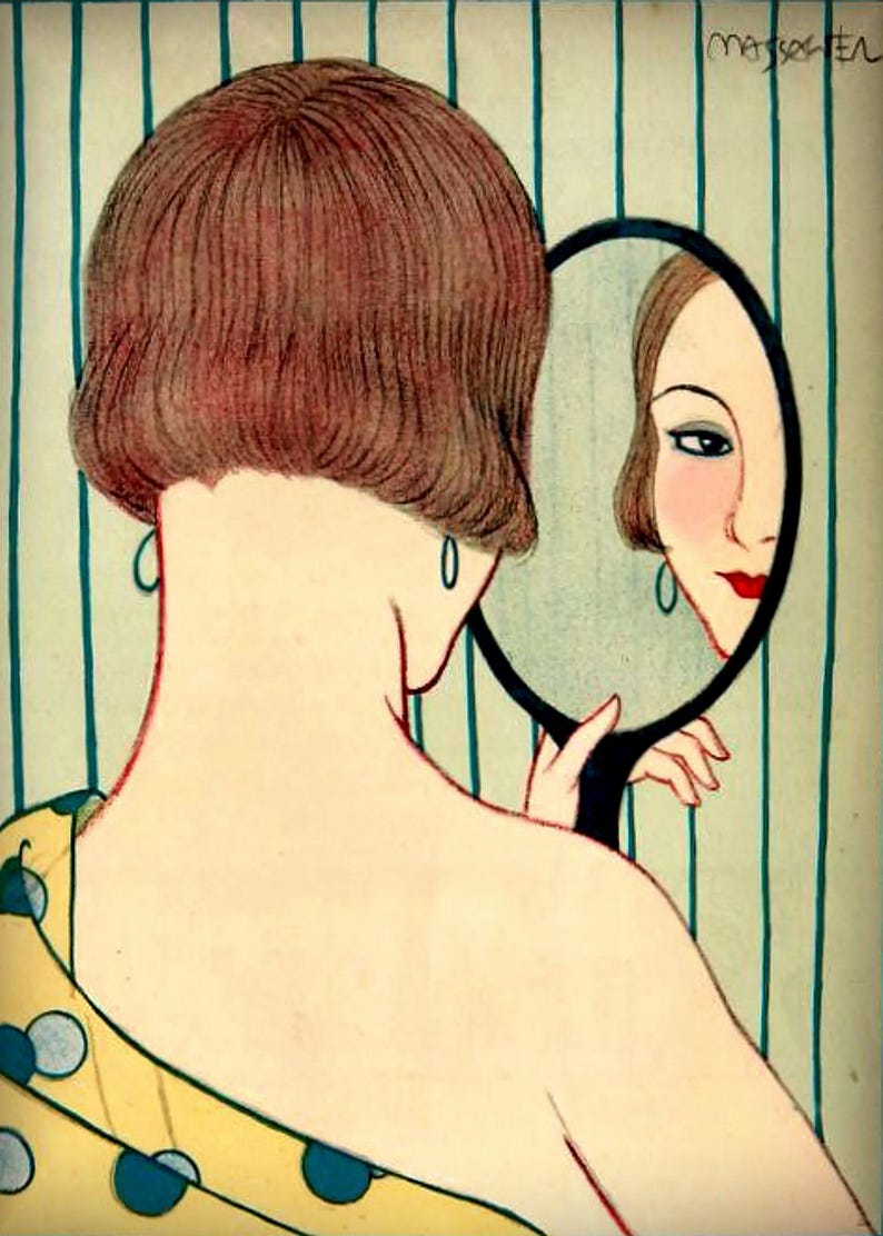 May include: An illustration of a person with short brown hair seen from behind, wearing a yellow garment with blue polka dots and small hoop earrings. The person holds a round hand mirror reflecting their face with red lips against a striped background.