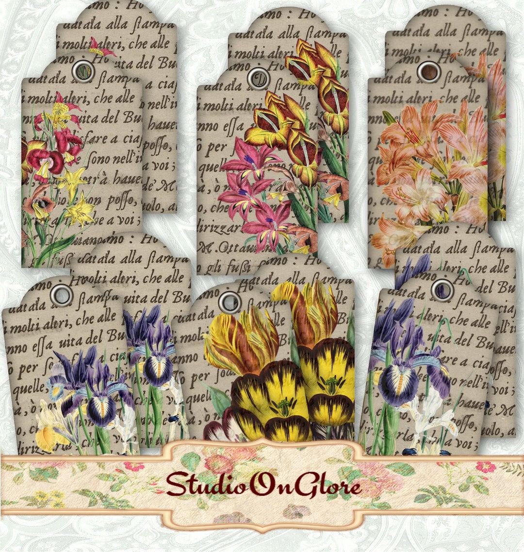 Vintage Floral Hang Tags. Printable Digital Images on Collage Sheets ...