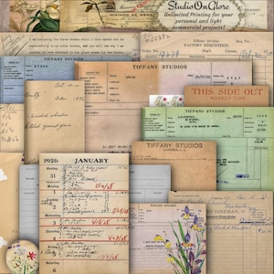 May include: A collection of vintage-style paper ephemera featuring Tiffany Studios factory requisition forms, ledger pages from January 1926, and various business documents in shades of beige, blue, and green with handwritten notes and floral illustrations.