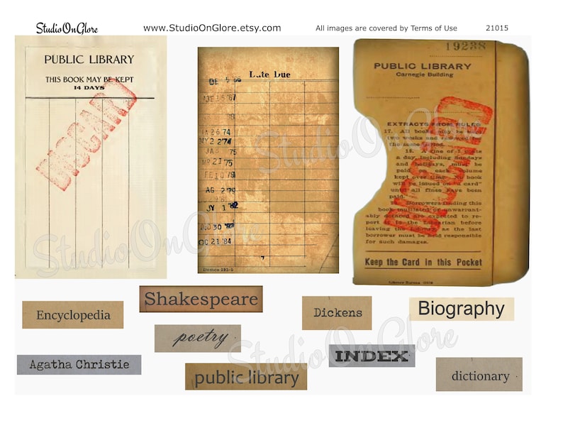 Op de afbeelding: Een vintage collage van papieren ephemera met de woorden "Public Library" en "Keep the Card in this Pocket" op een vergeelde achtergrond. De collage bevat een bibliotheekkaart, een boekleenstrookje en verschillende labels met woorden als "Shakespeare", "Encyclopedie", "Biografie" en "Agatha Christie".