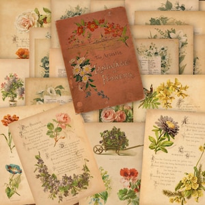 Lingua dei fiori Pagina del libro Ephemera: pacchetto di carta digitale da 25 pagine per un diario di spazzatura con giardino fiorito, album di ritagli, creazione di biglietti, decoupage