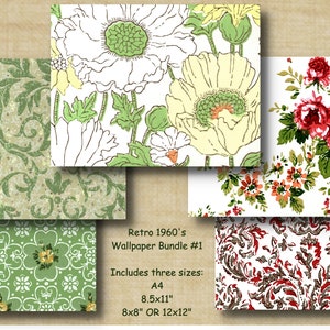 Digitale bundel met behang uit de jaren 60 #1. Vijf voorbeelden van wandbekleding, verpakt als pakket voor doe-het-zelfkaarten, tijdschriften, scrapbooking, knipselpapier
