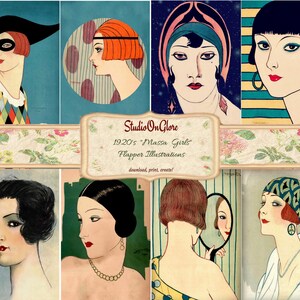 Magazine vintage Art déco de 1917. Impressions Flapper Glam 5 x 7" pour journaux indésirables, albums de coupures, découpage, fabrication de cartes, Massa Girls par Massaguer