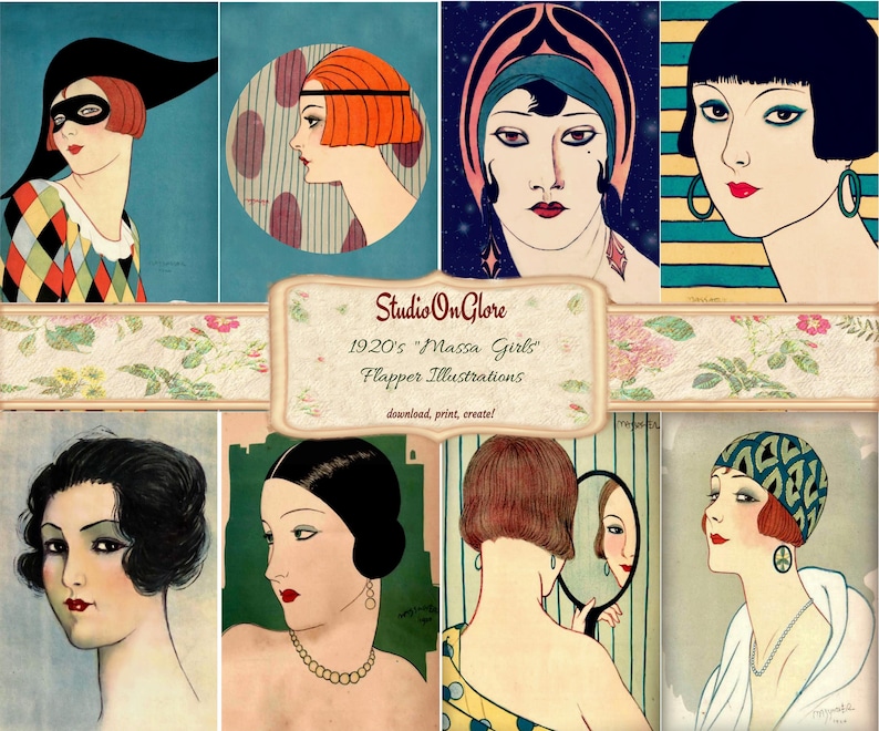 May include: A digital collage of eight 1920s-style flapper illustrations featuring women with bobbed hairstyles, colorful headwear, and jewelry. A central label reads StudioOnGlore 1920s Massa Girls Flapper Illustrations download, print, create.