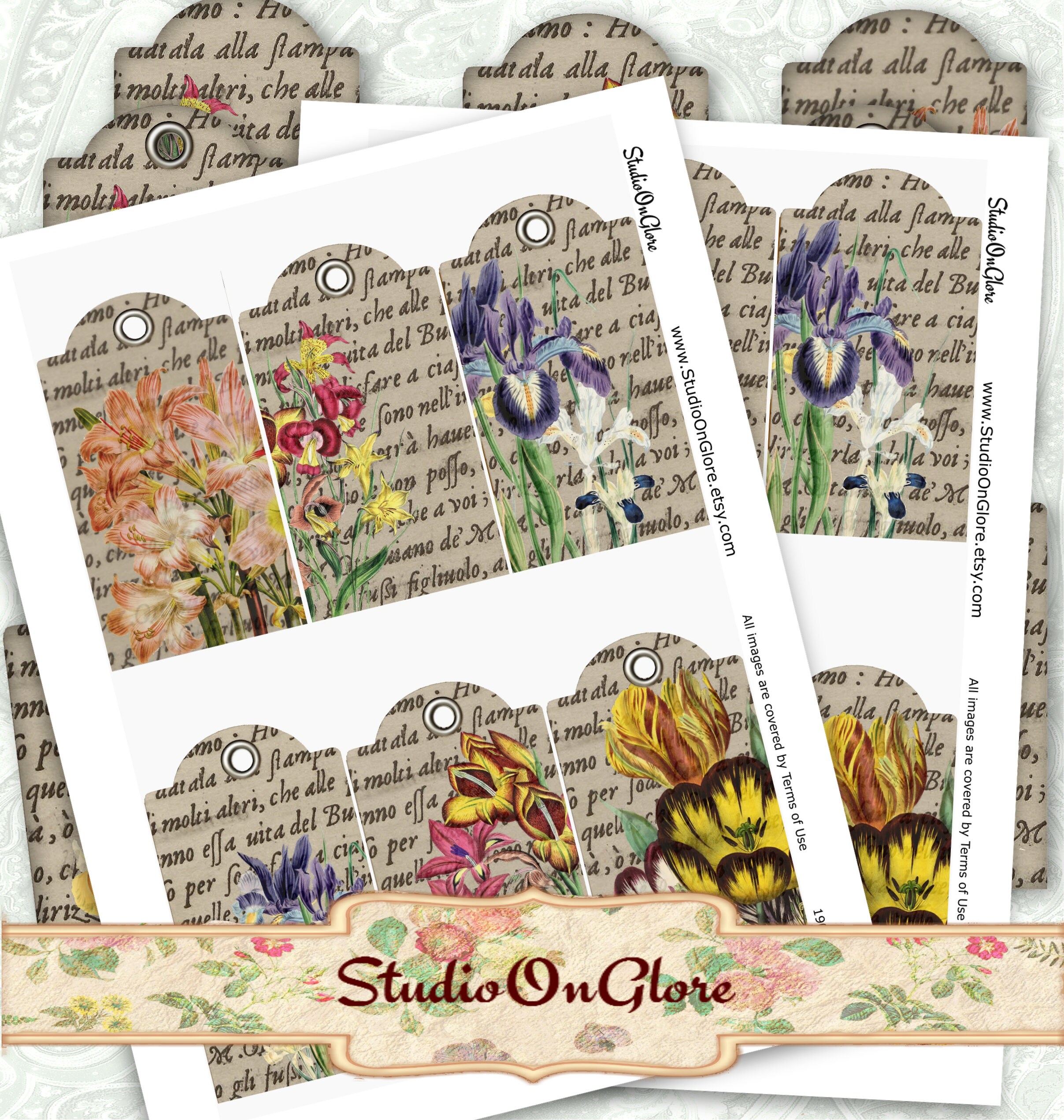 Vintage Floral Hang Tags. Printable Digital Images on Collage | Etsy